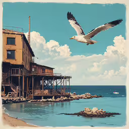 an image of a bird flying over a building and ocean,a bird that is flying over water near a building