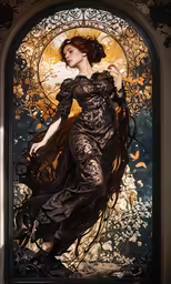 a woman wearing an elaborately designed dress and a hat, in front of a stained glass window