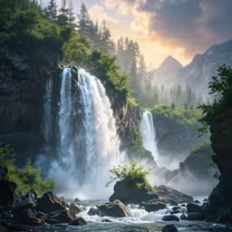 a waterfall with a lot of trees on the side