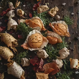 various mushrooms on the floor, with food all over it