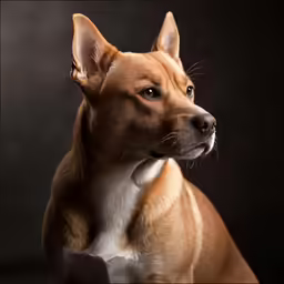 a close up view of a brown and white dog
