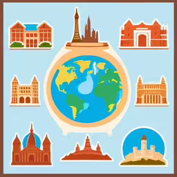 a cartoon of a globe with buildings around it,stickers in the form of a globe and building