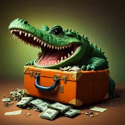 there is an alligator in a suitcase and money in front,an alligator sitting in a suitcase on top of money