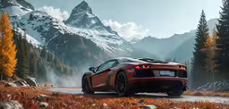 a car driving on a rocky road with mountains in the background