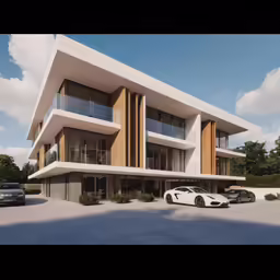 three cars are parked in front of the building