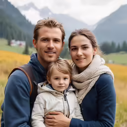 the man and woman are holding their child on the field
