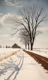 the snow - covered road has two trees on each side