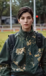 a female with a backpack in the park