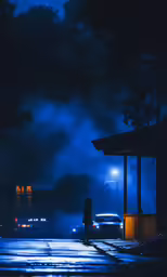 a person standing at a bus stop under the dark sky