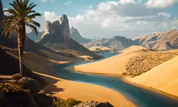 a scenic view of desert land with a river