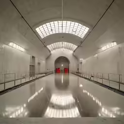 an indoor swimming pool inside a building with a skylight