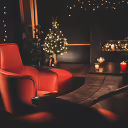 the lights on a christmas tree shine behind the seats