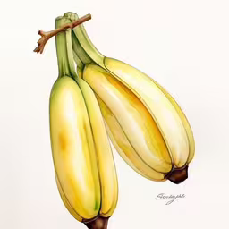 there is a drawing of three ripe bananas,a drawing of a bunch of bananas on a branch