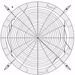a black and white photo of arrows arranged in the center of a circle,a circle of arrows drawn in pencil and with three lines,a diagram with arrows in it,a round diagram with arrows sticking out of it,a drawing of a design with four arrows
