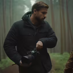 a man takes a photo in a foggy forrest