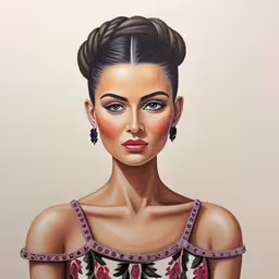 an artistic painting of a woman in a blouse,a painting of a woman with a high bun up in a bun,a painting of a woman
