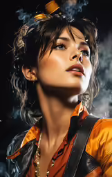 a woman with a cigarette in her mouth and steam coming out of her nose