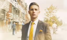 the boy in a suit is on the street