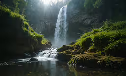 the sun is shining behind the waterfall