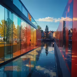 some glass building reflecting on the water