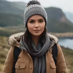 a young lady with a brown jacket, brown coat and gray hat