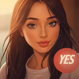 a digital painting of a woman with a yes button in front