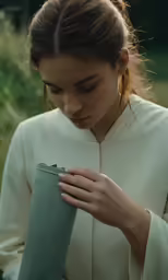 the young woman is looking down at her phone