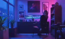 woman standing in a room with purple lighting