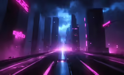 a dark city with neon lights and signs on the buildings