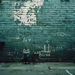 a man sitting on top of a chair next to a wall