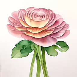 a pink flower painted in watercolor on white paper,watercolon of pink flower with green leaves