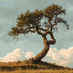 a tree with some very long branches in the middle of a field