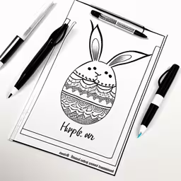 a greeting card with an easter bunny with happy lettering,coloring book page with a bunny in the middle, happy easter lettering on it,easter greeting card with hand drawn bunny inside,a black and white photo of some pens and a coloring book with a cute bunny,an easter card with a happy bunny sitting next to some markers