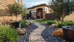 a walkway and a garden is in front of a home