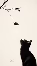 a cat sits and looks up at a leafless branch