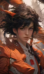 a girl with a butterfly on her head wearing an orange and black outfit