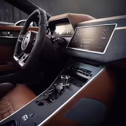 a modern car dashboard with brown leather seating