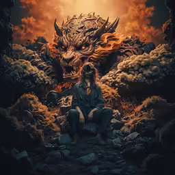 a woman sitting in a lava pit surrounded by smoke and rock
