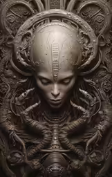 a woman with alien head and face with other humanoids surrounding her