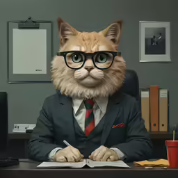 a cat with glasses sitting in front of a desk