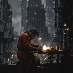 a man is welding some things in the street