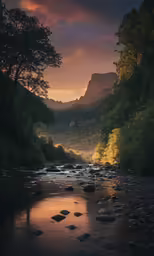 a mountain stream flows with beautiful green trees in the background