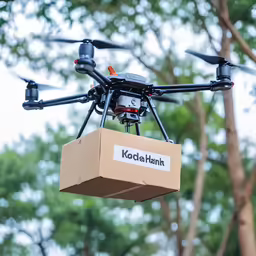 the cardboard box is connected to an automated remote controlled flying device