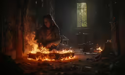 a woman that is kneeling over some fire