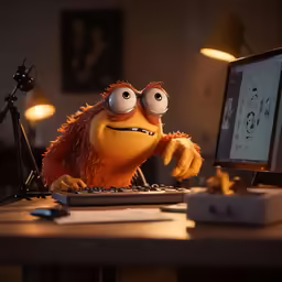 an animated character using a computer and staring