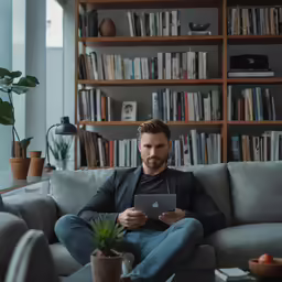 a man sitting on the couch looking at his tablet