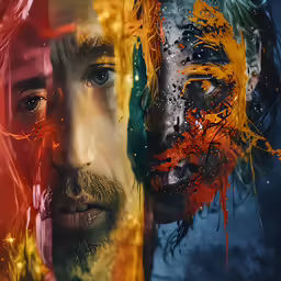 a collage of the image of two men face each other and being different colored