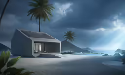 a white building on top of an island in the ocean