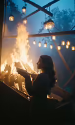 a woman is lighting a campfire at night