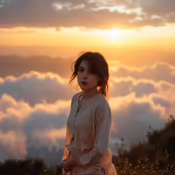 a girl in a dress stands near the sun